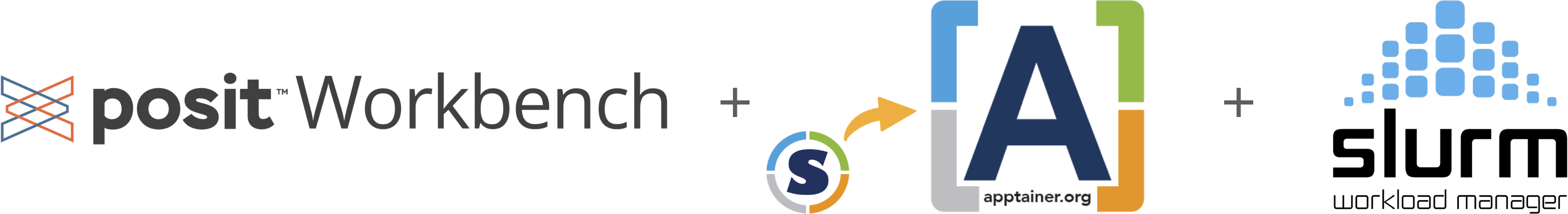 Posit Workbench logo + Apptainer logo + Slurm logo