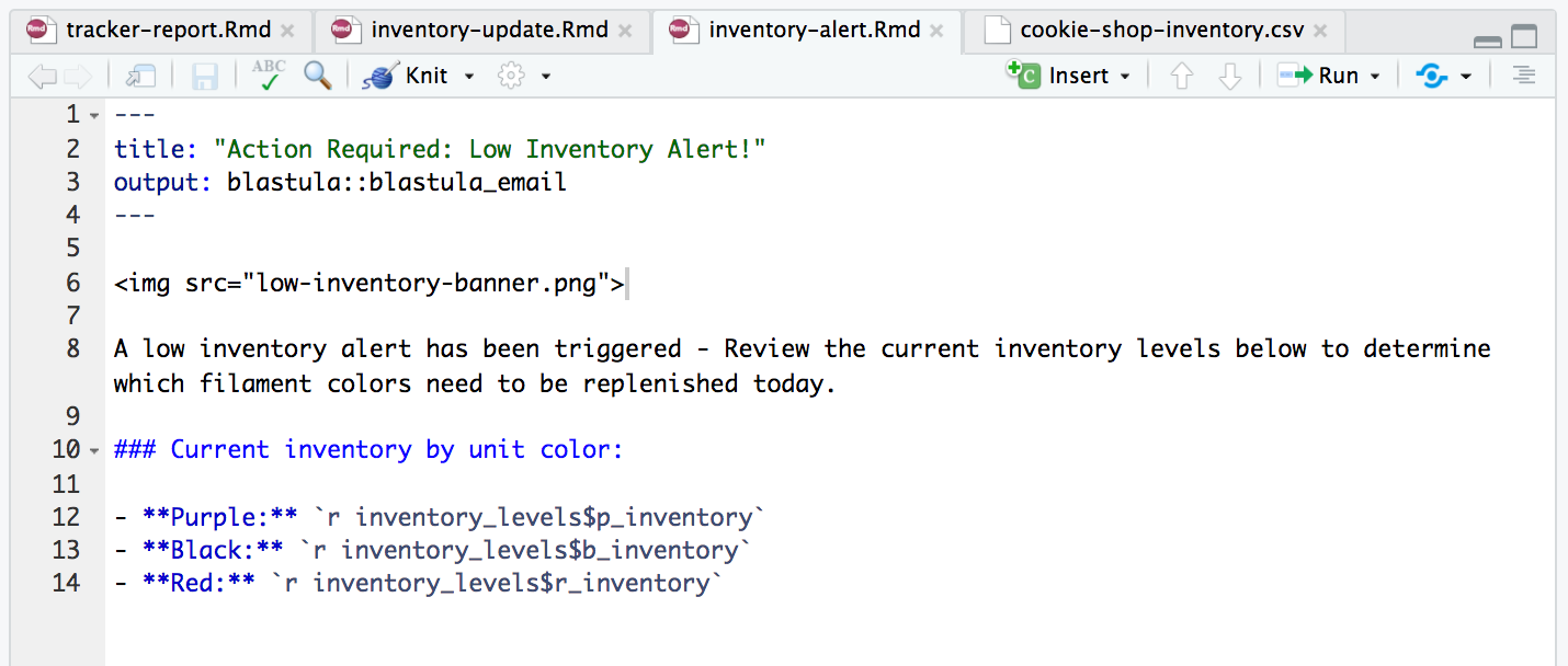 Code snippet showing custom email inventory alert