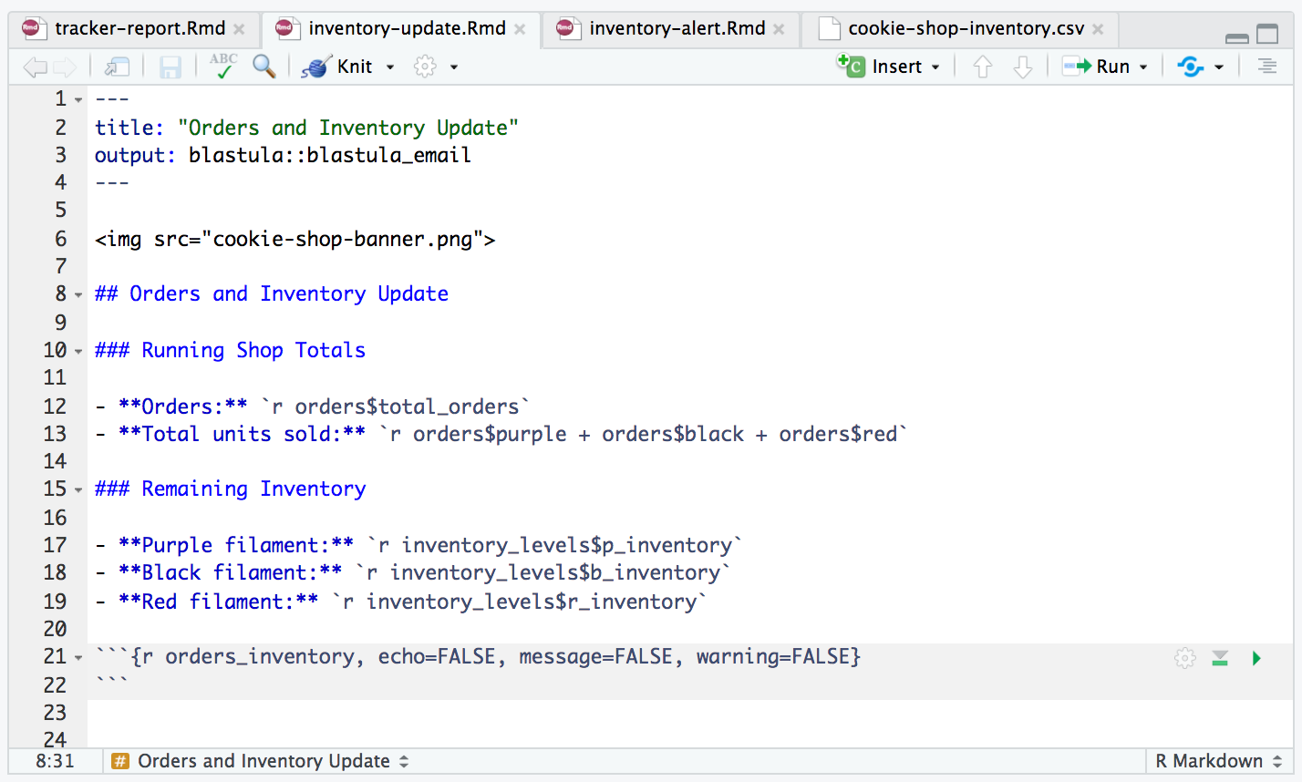 Code snippet of inventory update status email.