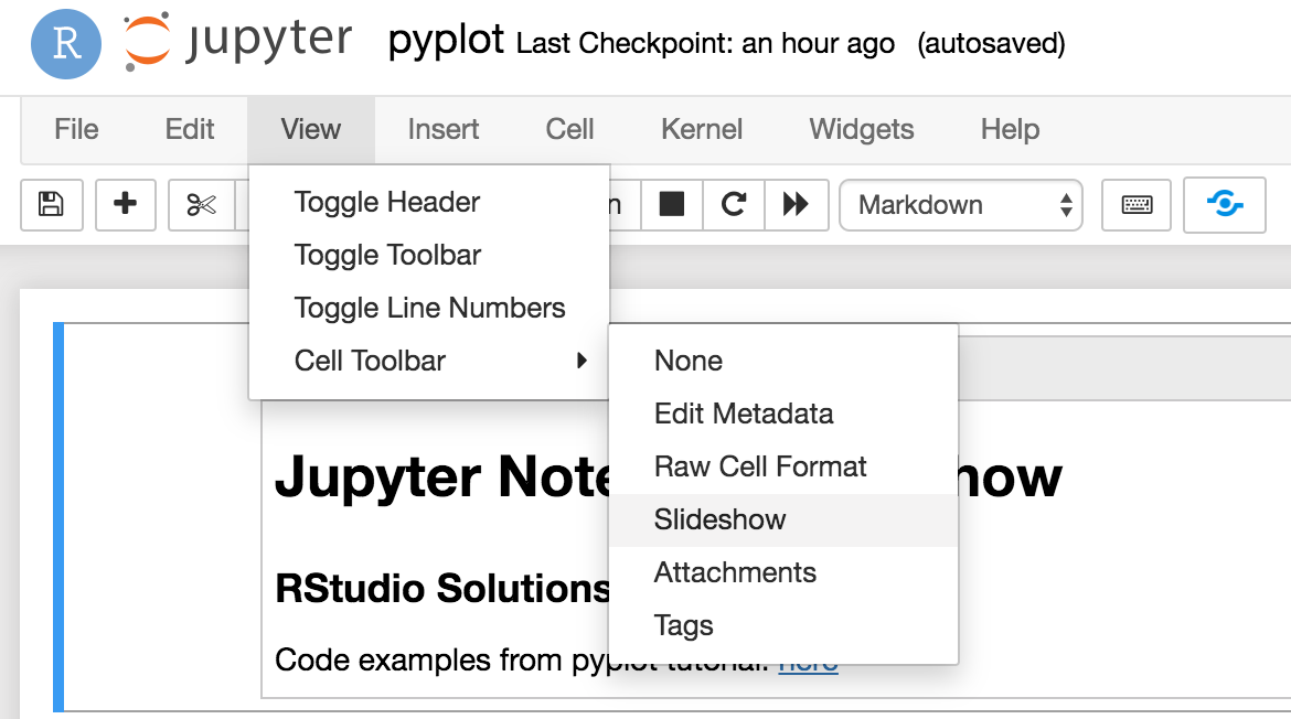 Screenshot of the Jupyter Notebooks View > Cell Toolbar > Slideshow menu