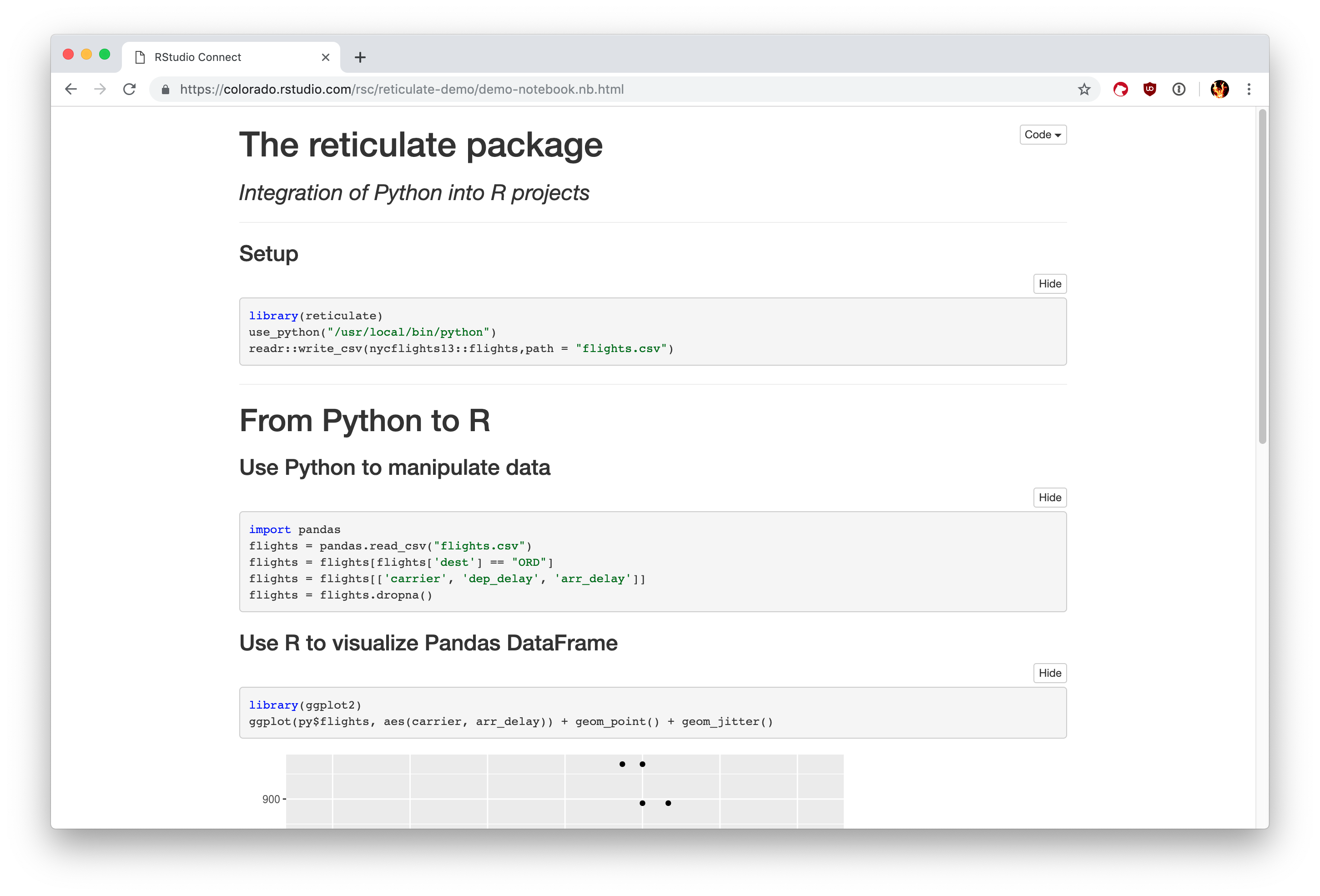 Screenshot of R Markdown report using reticulate deployed to Connect