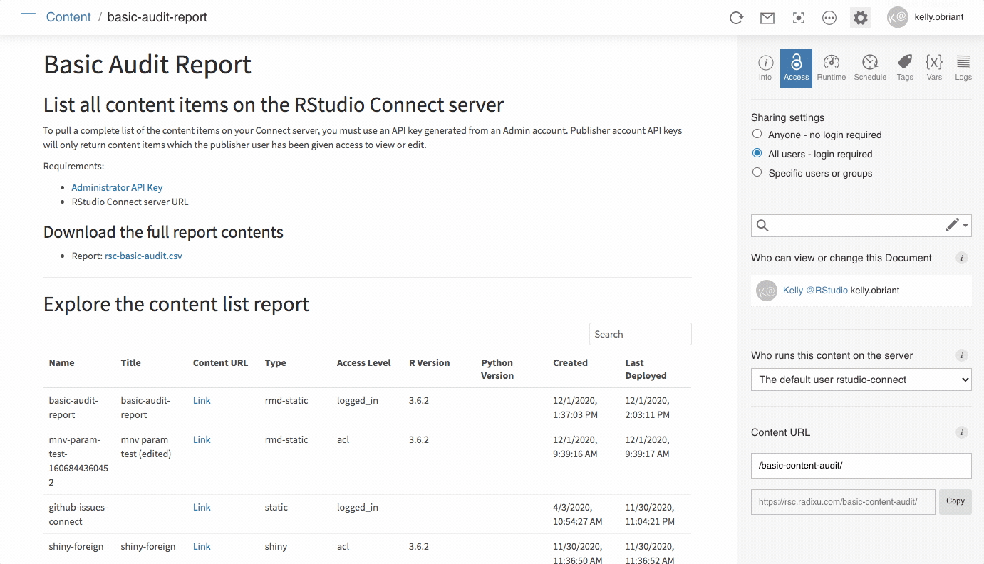 gif showing the Basic Content Audit report, which details the content information for each piece of content deployed to Connect