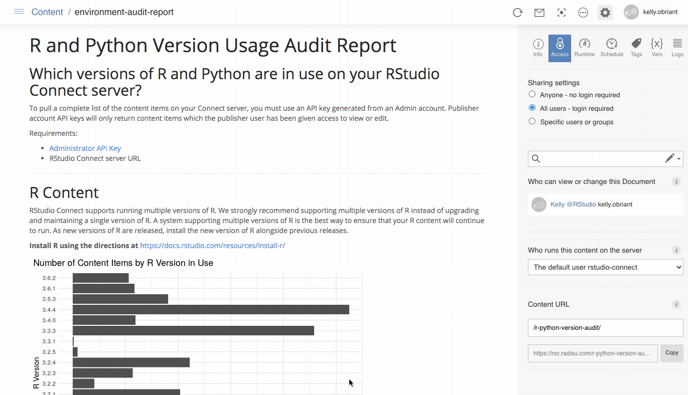 gif of R and Python version report, which displays what versions of R and Python are in use for deployed content on the Connect server.