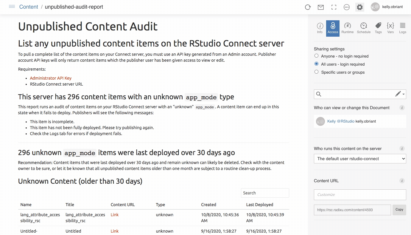gif of Unpublished Content report, which details content that has not been fully deployed to the Connect server.