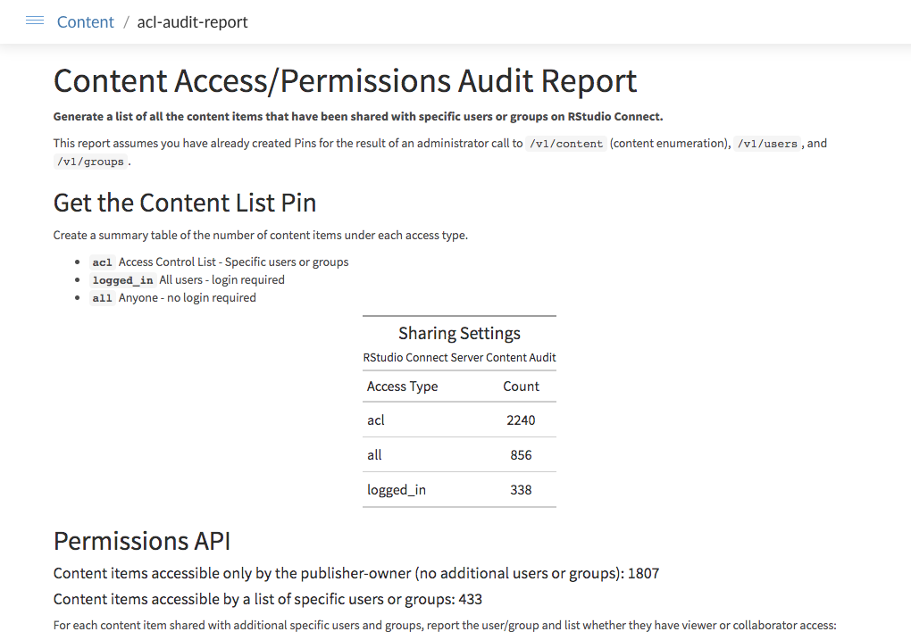 Screenshot of Access Permissions Report, that details the level of access permissions for content deployed to Connect