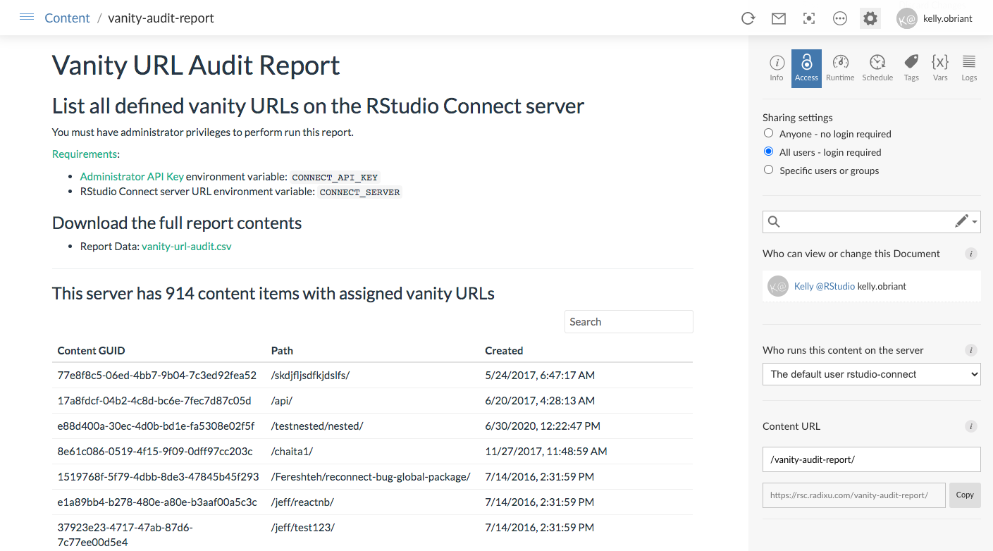 Screenshot of Vanity URL audit report, listing all Vanity URLs in use on the Connect server