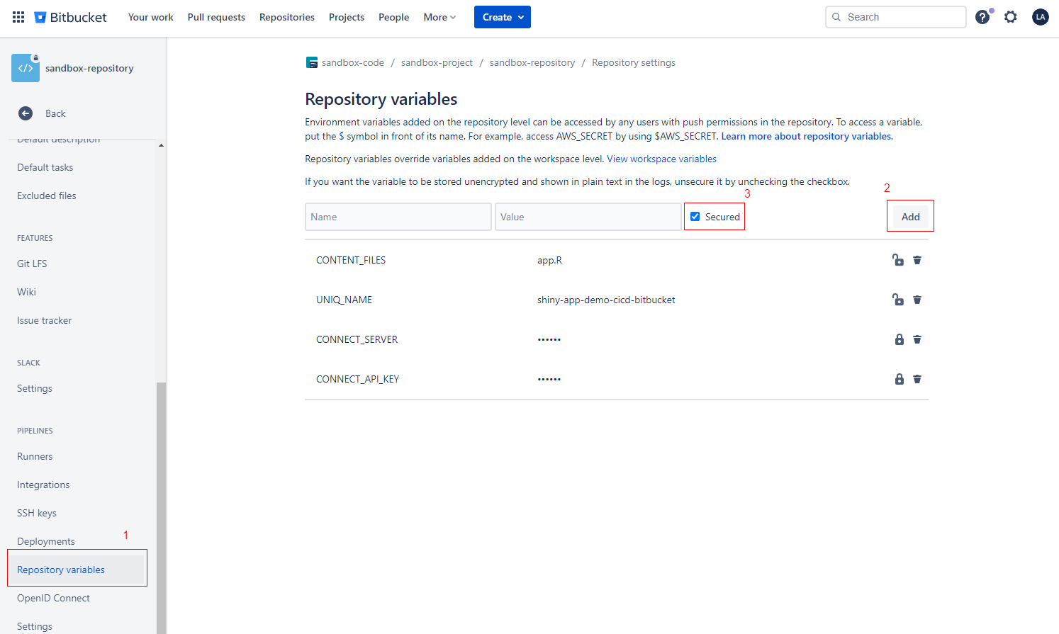 Bitbucket setup showing Step 1 click on repository variables under pipelines; Step 2 add variable; Step 3 optionally make a secured variable to encrypt while stored and mask from logs
