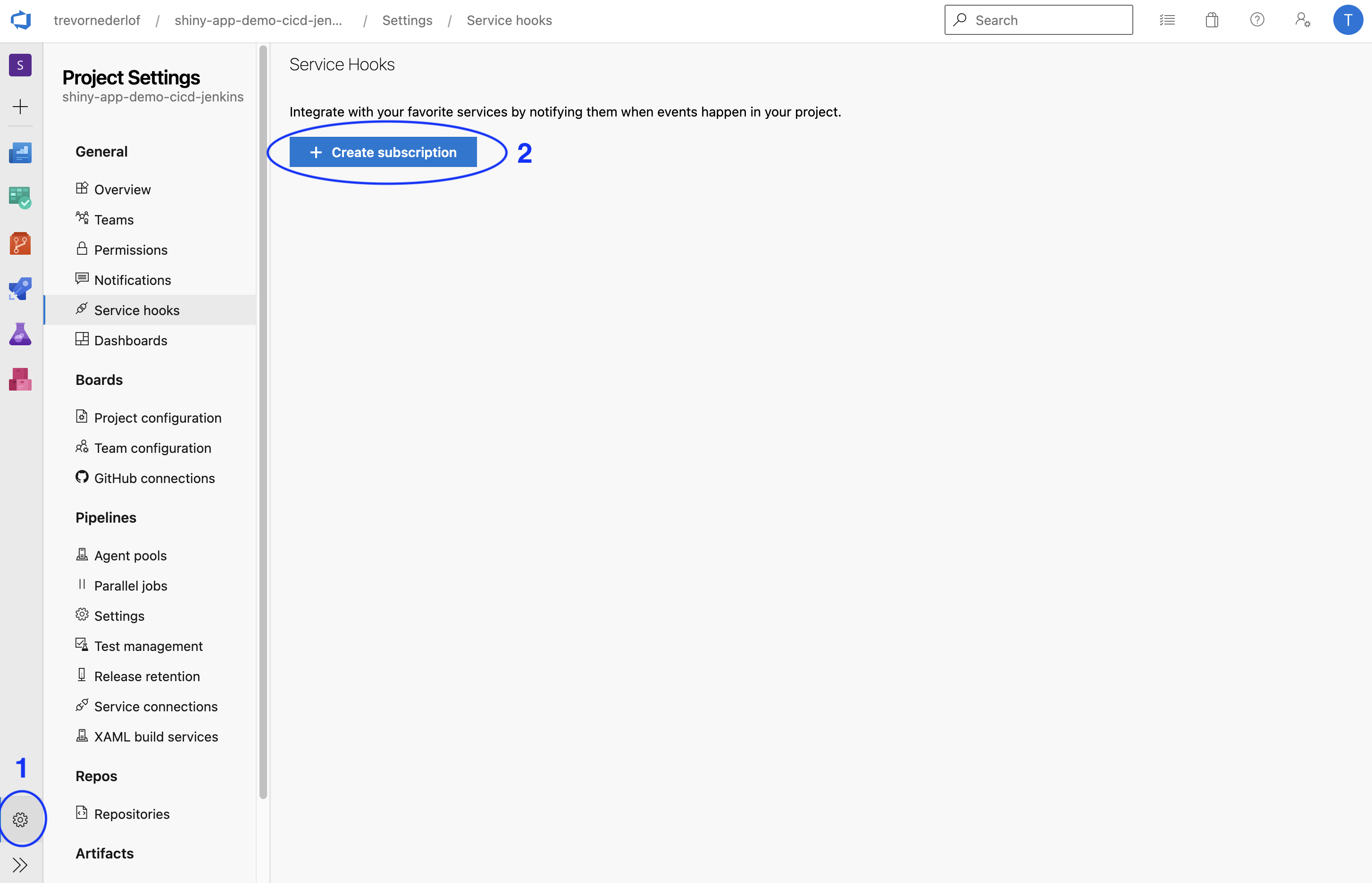 Azure repos servicehooks settings: 1. Go to Project Settings and select repositories; 2. Click on Create subscription.