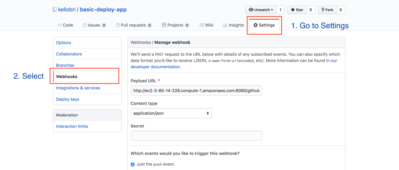 github webhooks settings - 1. go to settings; 2. select webhooks